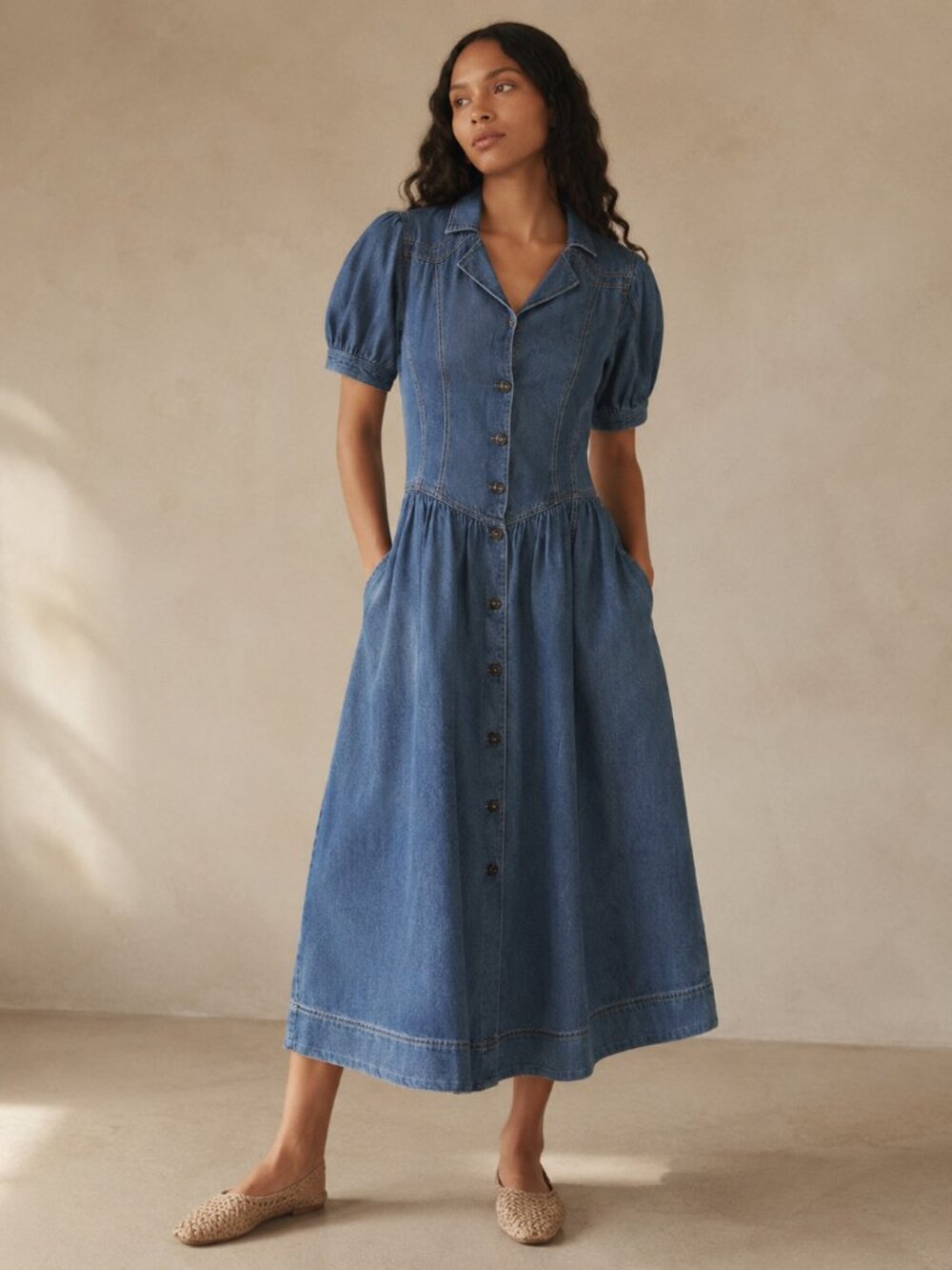 Anthropologie PILCRO Short-Sleeve Denim Midi Shirt Dress